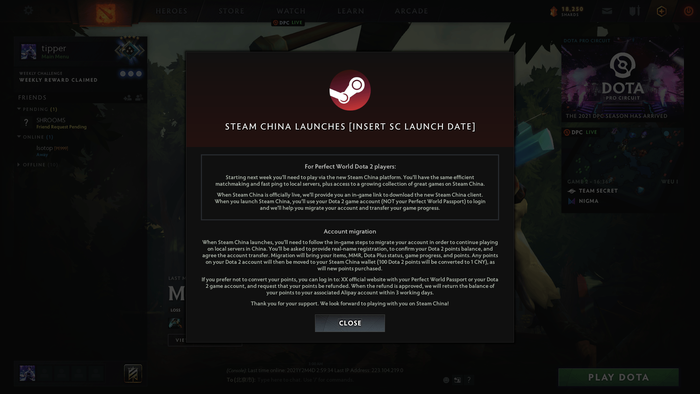 9 февраля Valve запускает отдельный клиент для Китая и производит перенос профилей на китайские сервера