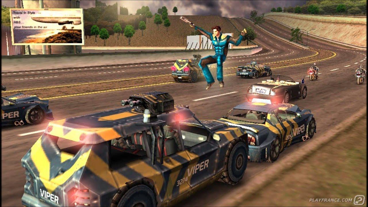 Pursuit Force (2005-2007) - гонки отдельно, ходьба отдельно, есть прыжки с машины на машину