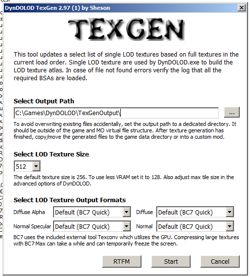 Запускаем TexGen через MO2, дефолтные настройки не трогаем, хотя если хотите, можете увеличить LOD Texture Size, однако делайте это с осторожностью: выставлять значение > 512 рекомендуется только если у вашей видеокарты больше 2к оперативки. Жмем Start